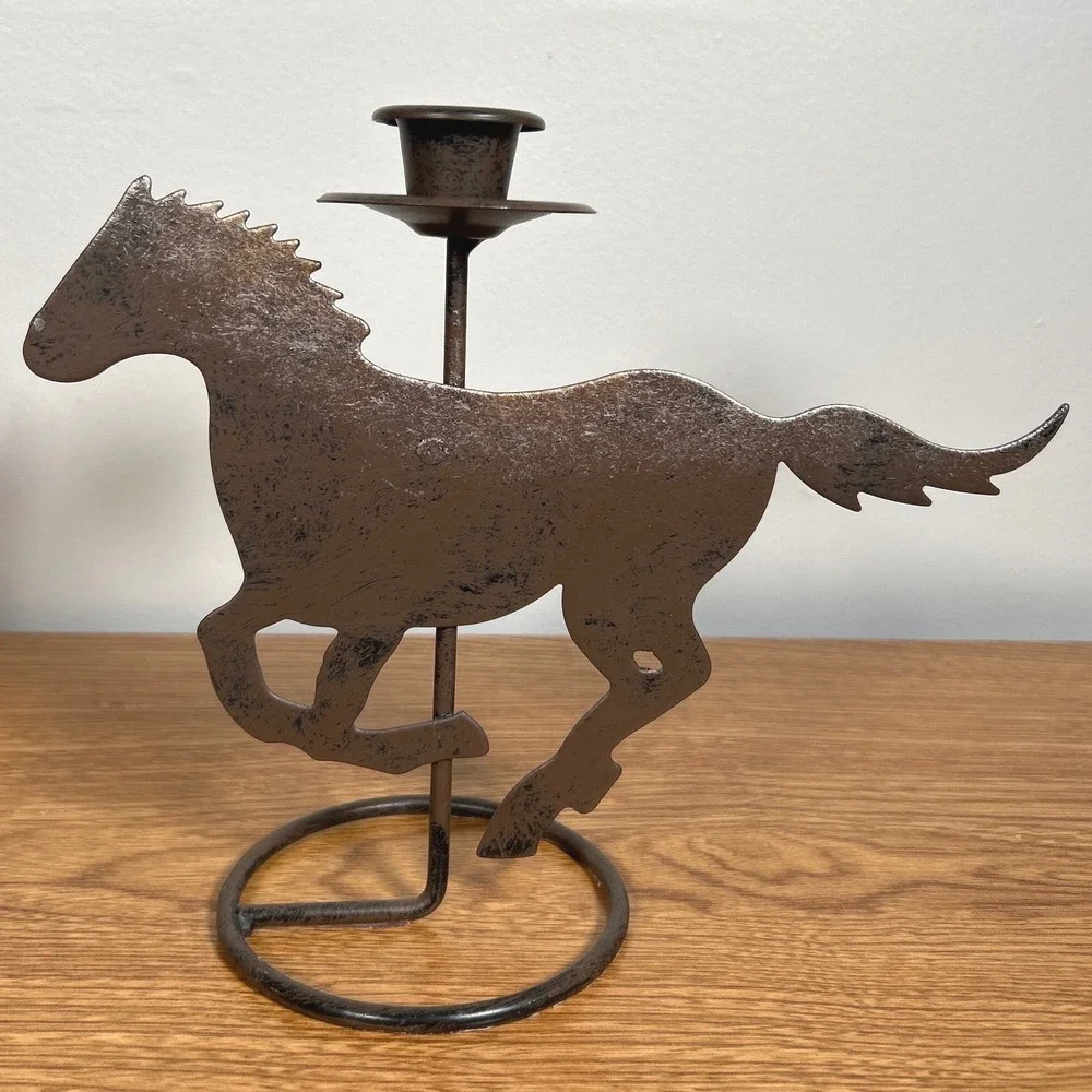 Vintage Rustic Metal Art Galloping Horse Taper Candle Holders Pair Silhouette